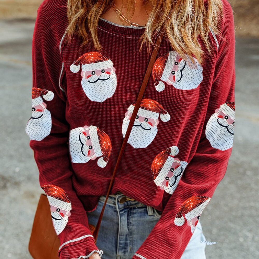 B231 RESTOCKED Red Sequin Santa Claus Graphic Text Long Sleeve Top - Picture 2 of 5